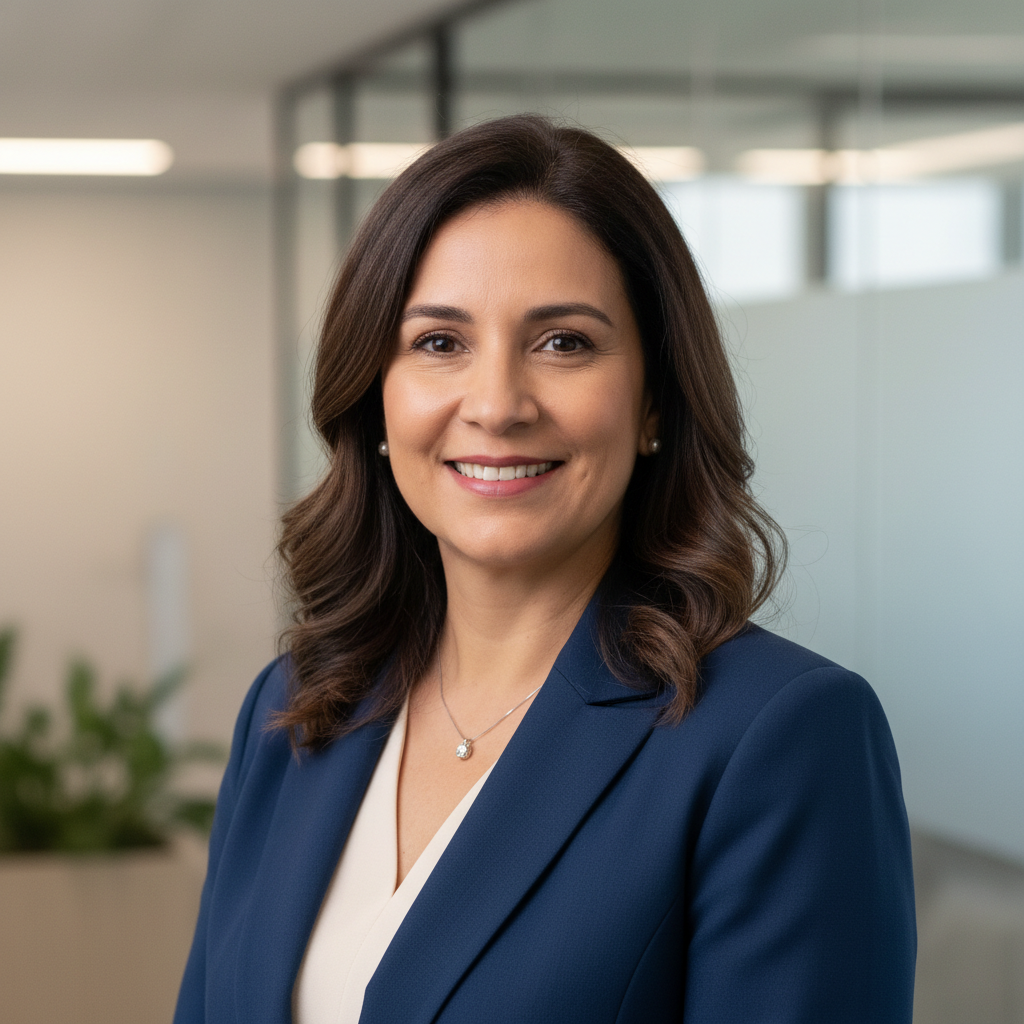 Professional headshot of a satisfied Paraguayan woman in her 40s, smiling confidently in a modern office setting, soft neutral background, corporate style, photographic realism