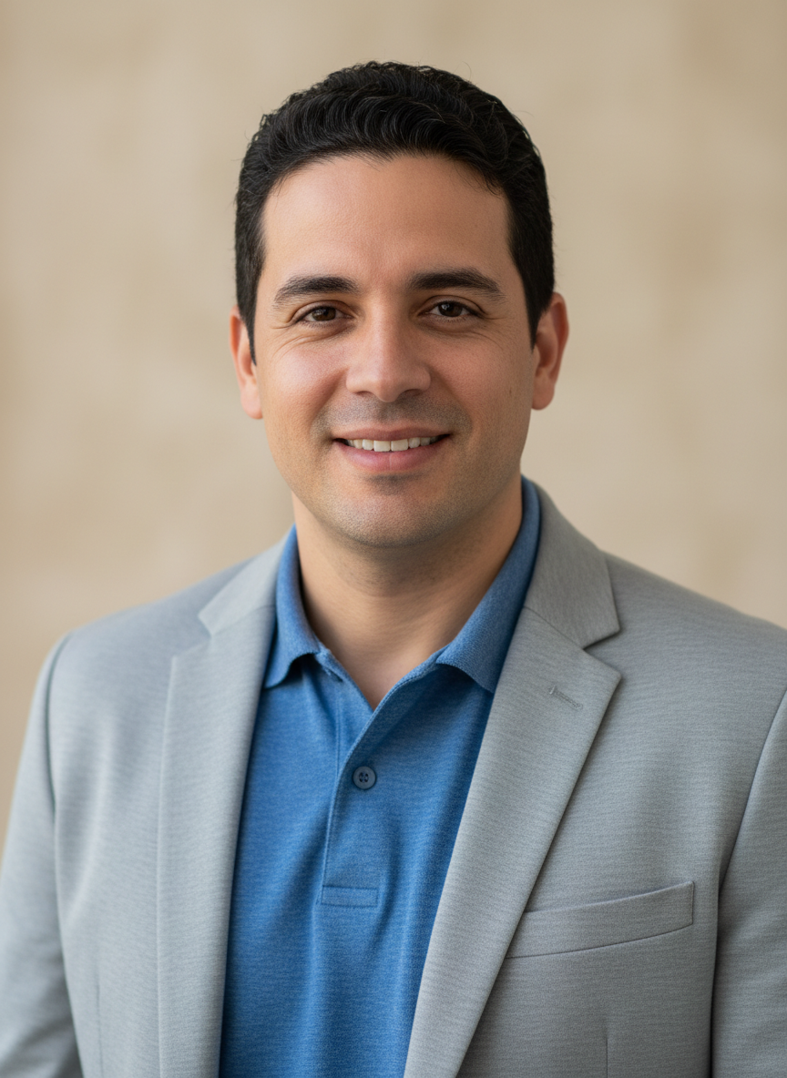 Professional headshot of a satisfied Paraguayan man in his 30s, wearing a smart casual shirt, neutral background, photographic realism