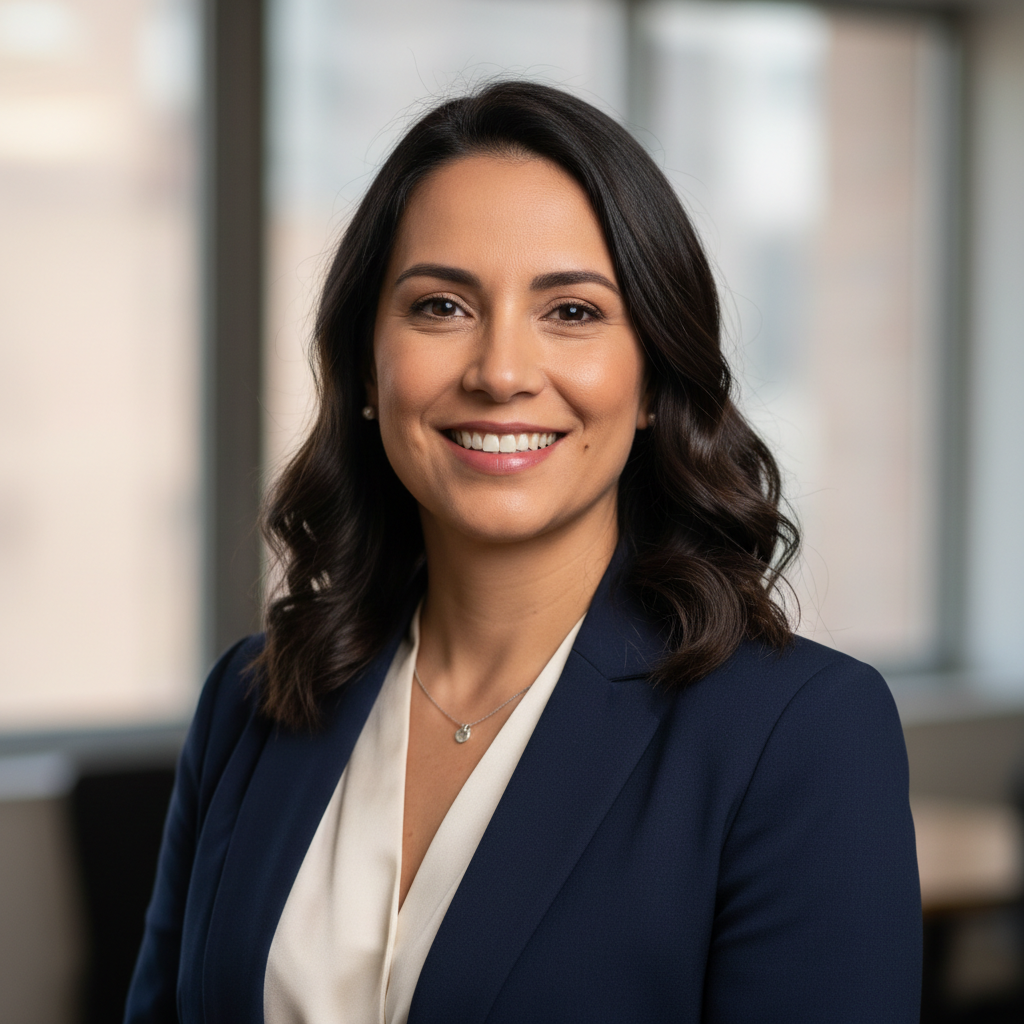 Professional headshot of a smiling Paraguayan woman in her 30s, business casual attire, soft blurred background, photographic realism