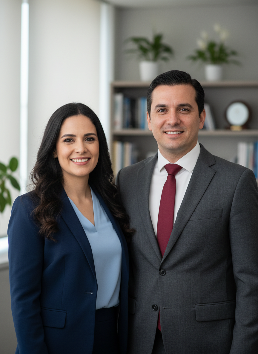 Professional headshot of a satisfied Paraguayan couple in their 30s, standing close together and smiling, subtle office background, photographic realism