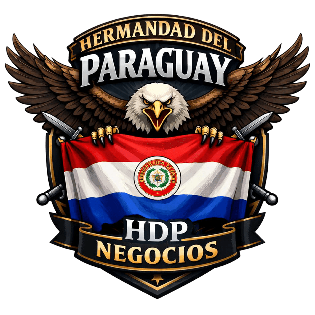 Logotipo de Hermandad del Paraguay, un águila sosteniendo la bandera de Paraguay con el texto HDP Negocios.